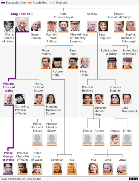 Graphic showing the line of succession from King Charles and his heirs, including their partners and children. The family tree also includes Charles' siblings Anne, Andrew and Edward, and their partners, children and grandchildren. 