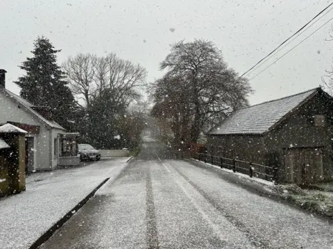 BBC Weather Watcher Ian SA snow covered street in Ballymena. Snow is falling and tyre marks can be seen on the road. A parked car, outside a house on the left, has a covering of snow