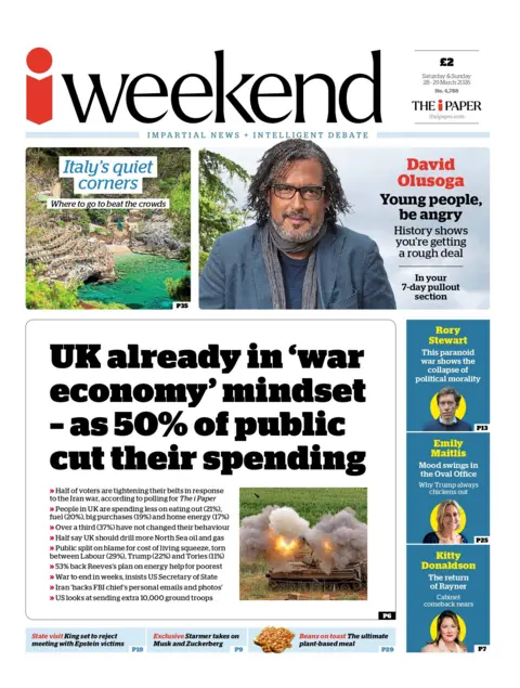 "UK already in 'war economy' mindset - as 50% of public cut their spending," reads the headline on the front page of the i Weekend.