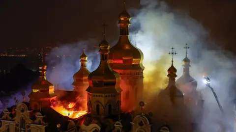 Flames engulf the Kyiv Pechersk Lavra monastery in Ukraine following a major Russian strike
