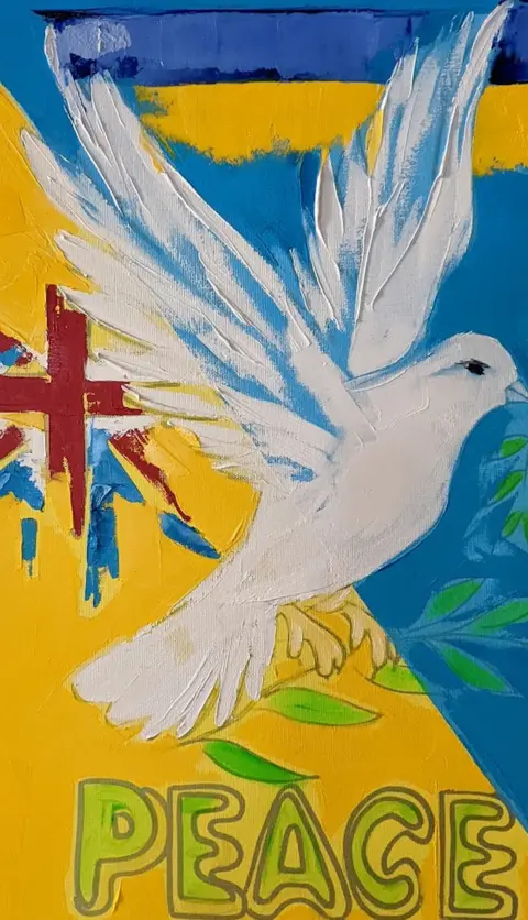 Bedford Creative Arts/ A painting of a bird with peace written on it