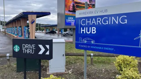 BBC The Myrekirk roundabout charging hub contains 24 super-rapid chargers