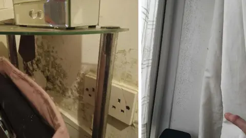 Shauni-Leigh Tyson Two pictures side-by-side showing mould affecting the walls inside a home. The picture on the left shows patchy, dark green mould on the bottom of a wall near a plug socket. The picture on the right shows small black dots of mould all over a wall next to a window.