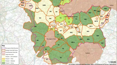 Ordnance Survey Map of Bromsgrove's green belt. separated into parcels of land. labelled with different colours depending on how likely they are to be built on