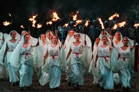 Getty Images Participants perform during a full dress rehearsal preview evening for the Kynren event