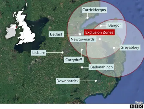 A map displaying the two current exclusion zones in Northern Ireland. 