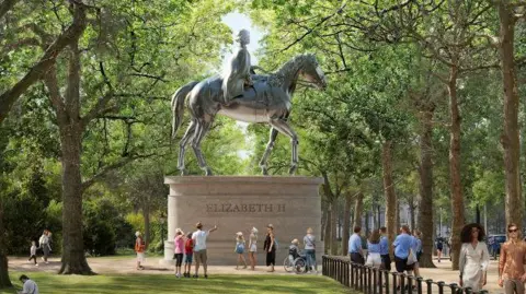 Winning design for memorial to Queen Elizabeth II. The illustrative figure shows a silver statue of the Queen on horseback, on top of a stone plinth with Elizabeth II inscribed on it, with groups of people standing around nearby