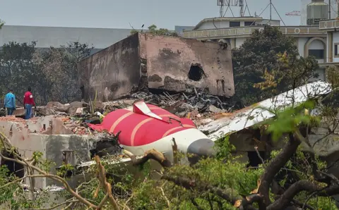 Two investigative officials stand at the site of Air India Boeing 787 crash site. They stand with their backs to the camera, next to the remnants of the plane amid foliage.