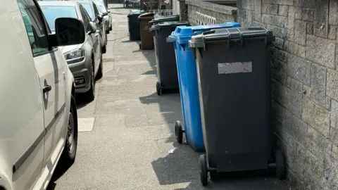 Bins on the pavement on Stepping Lane in Derby, with cars parked adjacent to the bins, making the pavement narrow.