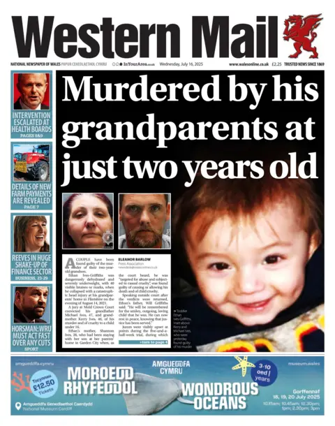 Western Mail Western Mail front page with headline "Murdered by his grandparents at just two years old" and image of toddler smiling