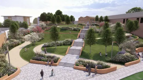 Artist impression showing steps and a park area surrounded by buildings