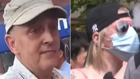 Humberside Police  Man wearing a tan coloured baseball hat and a woman with blonde hair wearing sunglasses, a surgical mask and a black NY baseball hat backwards