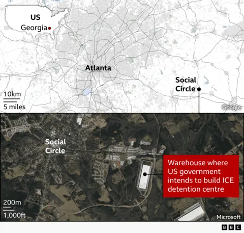 A two-part map showing the location of Social Circle, Georgia, in relation to Atlanta, and a satellite view of the area. The top map highlights Atlanta and the smaller town of Social Circle to its east. The lower satellite image shows Social Circle and marks a large warehouse site where the US government intends to build an ICE detention centre. Scale bars indicate distances on both maps.