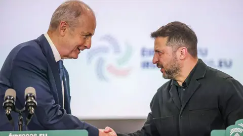 Micheál Martin shaking hands with Volodymyr Zelenskyy