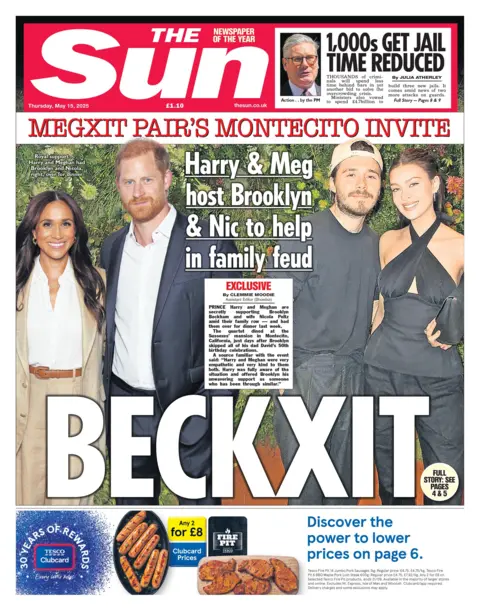 The headline on the front page of The Sun reads: "Beckxit: Harry & Meg host Brooklyn & Nic to help in family feud". 