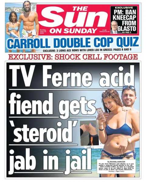 The headline on the front page of the Sun on Sunday reads: "TV Ferne acid fiend gets 'steroid' jab in jail"