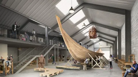 The Sutton Hoo Ship's Company CGI image of the Anglo-Saxon ship at Woodbridge