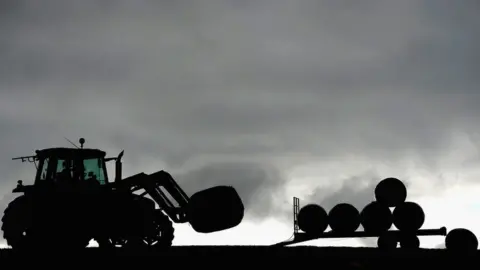 Getty Images Tractor loading wrapped silage bales