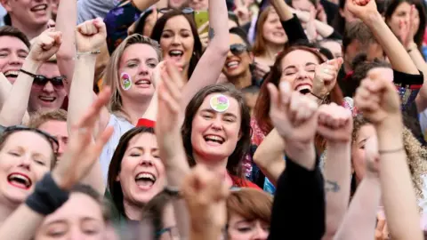 Getty Images Yes campaigners react in Ireland's abortion referendum