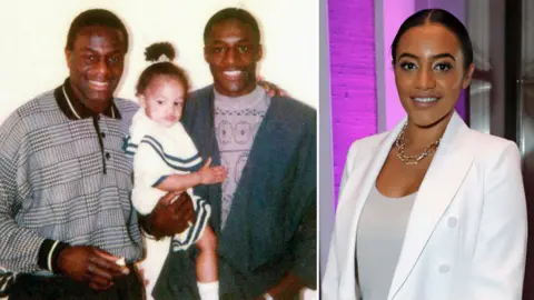 Getty Images Equal rights campaigner Amal Fashanu pictured as a child with her uncle Justin (left) and father John - and her in 2019