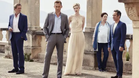 BBC/The Ink Factory Hugh Laurie, Tom Hiddleston, Elizabeth Debicki, Olivia Colman and Tom Hollander in The Night Manager (2016)