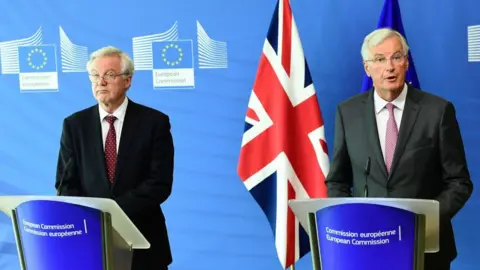 Getty Images British Secretary of State for Exiting the European Union David Davis (L) and European Union chief negotiator in charge of Brexit negotiations with Britain Michel Barnier (R)