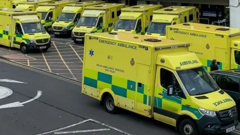 Getty Images Ambulances outside University Hospital Wales in Cardiff