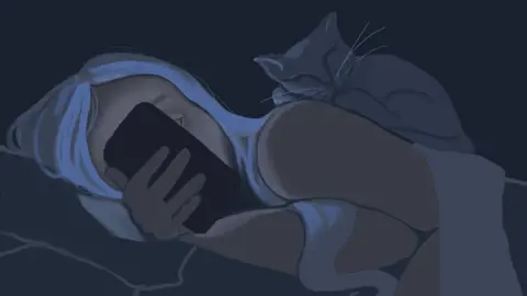 @Ramblerow Drawing shows woman, lying in bed, browsing her phone with a cat on her back