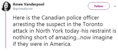 Twitter/@girlsreallyrule "Here is the Canadian police officer arresting the suspect in the Toronto attack in North York today-his restraint is nothing short of amazing...now imagine if they were in America."