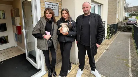 Priaulx Premature Baby Foundation Jo and Danniella Priaulx with Dean Allen Property Manager outside Frankie’s Den