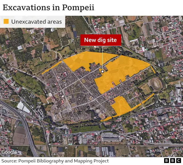 BBC Map showing excavations in Pompeii
