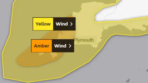 Met Office Graphic shows yellow and amber wind warnings over Devon and Cornwall