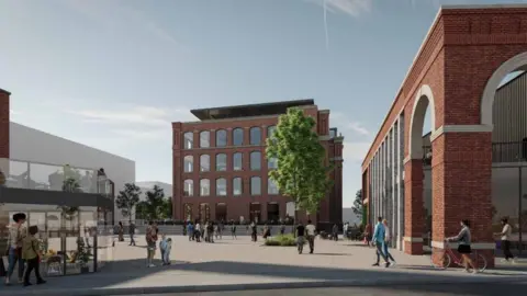 Heaton Group/Wigan Council CGI view from Swan Meadow Road towards Mill 1 across the piazza following transformation the Eckersley complex in Wigan