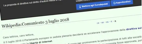 Wikipedia A screenshot of a Wikipedia page in Italian, urging readers to contact their MEP