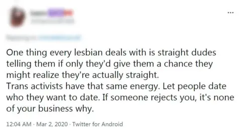 Tweet by trans woman in support of lesbians