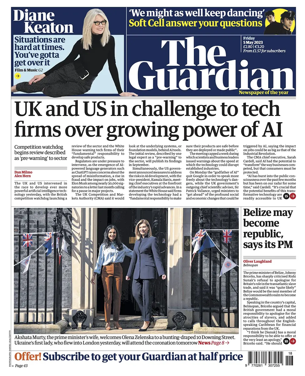 The headline in the Guardian reads: "UK and US in challenge to tech firms over growing power of AI"