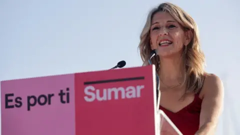 Reuters Spain's left-wing Sumar leader Yolanda Diaz speaks at the opening campaign rally ahead of the July 23 snap election, in A Coruna, Spain, July 6, 2023