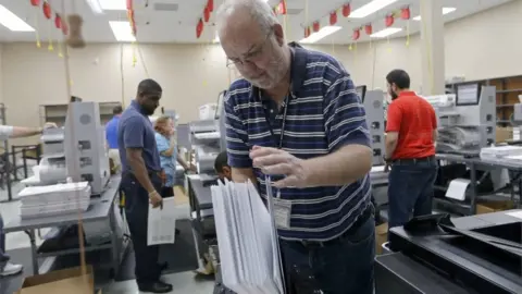 Getty Images A device is used to straighten ballots before machine counting during a recount at the Broward County Supervisor of Elections office on November 11, 2018 in Lauderhill, Florida. A statewide vote recount is being conducted to determine the races for governor, Senate, and agriculture commissioner.