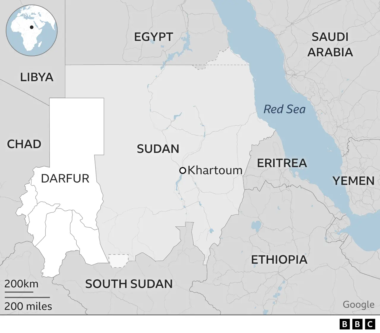 Map showing Darfur in Sudan and the surrounding countries