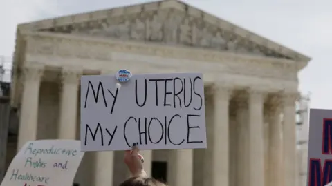 Demonstrators participate in a abortion-rights rally outside the Supreme Court as the justices of the court hear oral arguments in the case of the U.S. Food and Drug Administration v. Alliance for Hippocratic Medicine on March 26, 2024 in Washington, DC