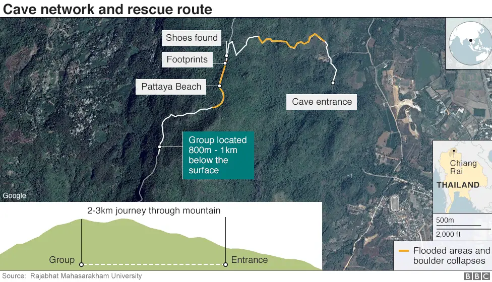 BBC Map showing cave network and rescue route