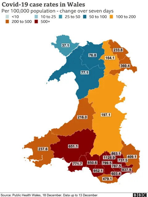 Covid-19 ase rate map of Wales