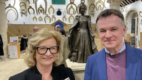 LDRS Lord Lieutenant Of Rutland Dr Sarah Furness (left) and sculptor Hywel Pratley with the proposed statue