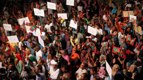 Reuters Opposition supporters protest against the government's delay in releasing their jailed leaders, including former president Mohamed Nasheed, despite a Supreme Court order, in Male, Maldives, February 4, 2018