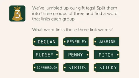 The nine tags are labelled: Declan, Beverley, Jasmine, Pudsey, Penny, Pitch, Scarborough, Sirius and Sticky