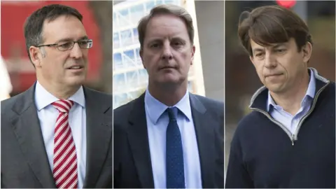 AFP Former Tesco executives Chris Bush (left), John Scouler (centre) and Carl Rogberg (right)
