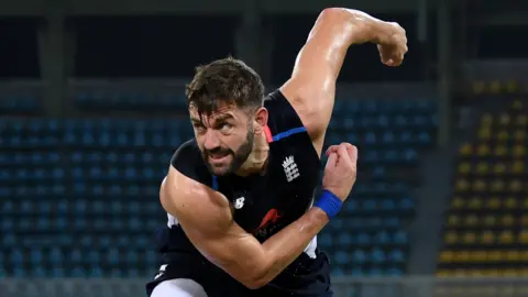 England fast bowler Liam Plunkett bowling in practice in Sri Lanka
