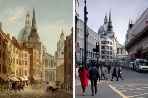 Bank of England Museum Ludgate Hill and St Paul's in 1780 and today