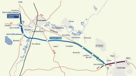 Highways England Map of new A14 and local road, Cambridgeshire