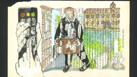 BBC Drawing of Neil outside his old school, as described in his dream